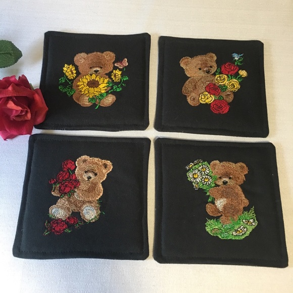Other - 4 Embroidered coasters bears 5” Square Black background EUC New or like new.